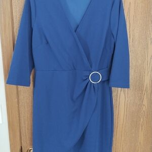 Blue Wrap-Style Women's Dress with Decorative Ring
